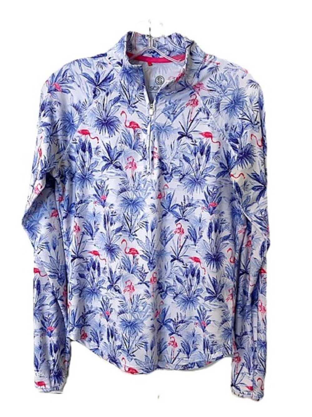SCALES Women's Long Sleeve 1/4 Zip Shirt Blue Pink Tropical Golf Top Small